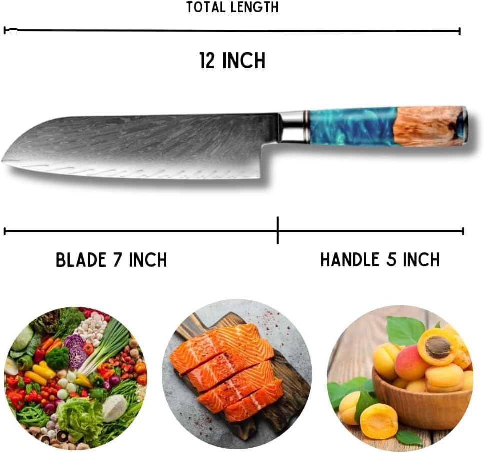 SHOKUNIN USA Kerie Santoku Knife, Damascus Chef Knife, Sharp, Chef Kitchen Utility - Vg10 Stainless Damascus Chopping Knife - River Resin & Stabilized Wood Professional Razor Sharp Japanese Knife - Image 4