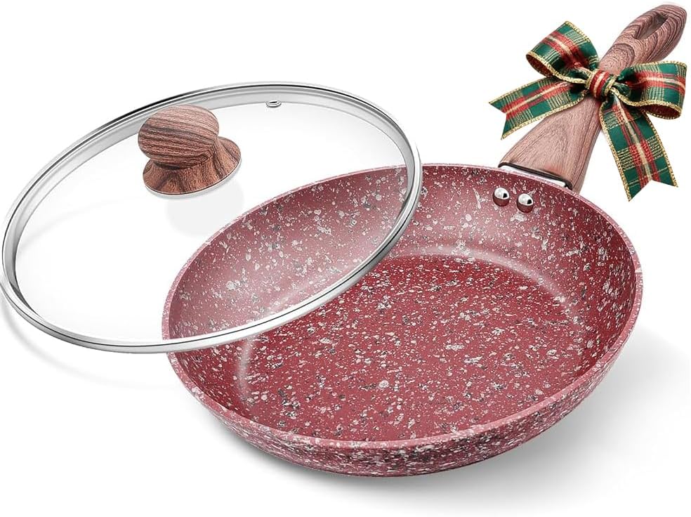 12" Red Granite Non-Stick Frying Pan with Lid, Classic Pans with Non-toxic Nonstick Coating, Aluminum Skillet with Heat-resistant Bakelite Handle, Induction Compatible Frying Pan