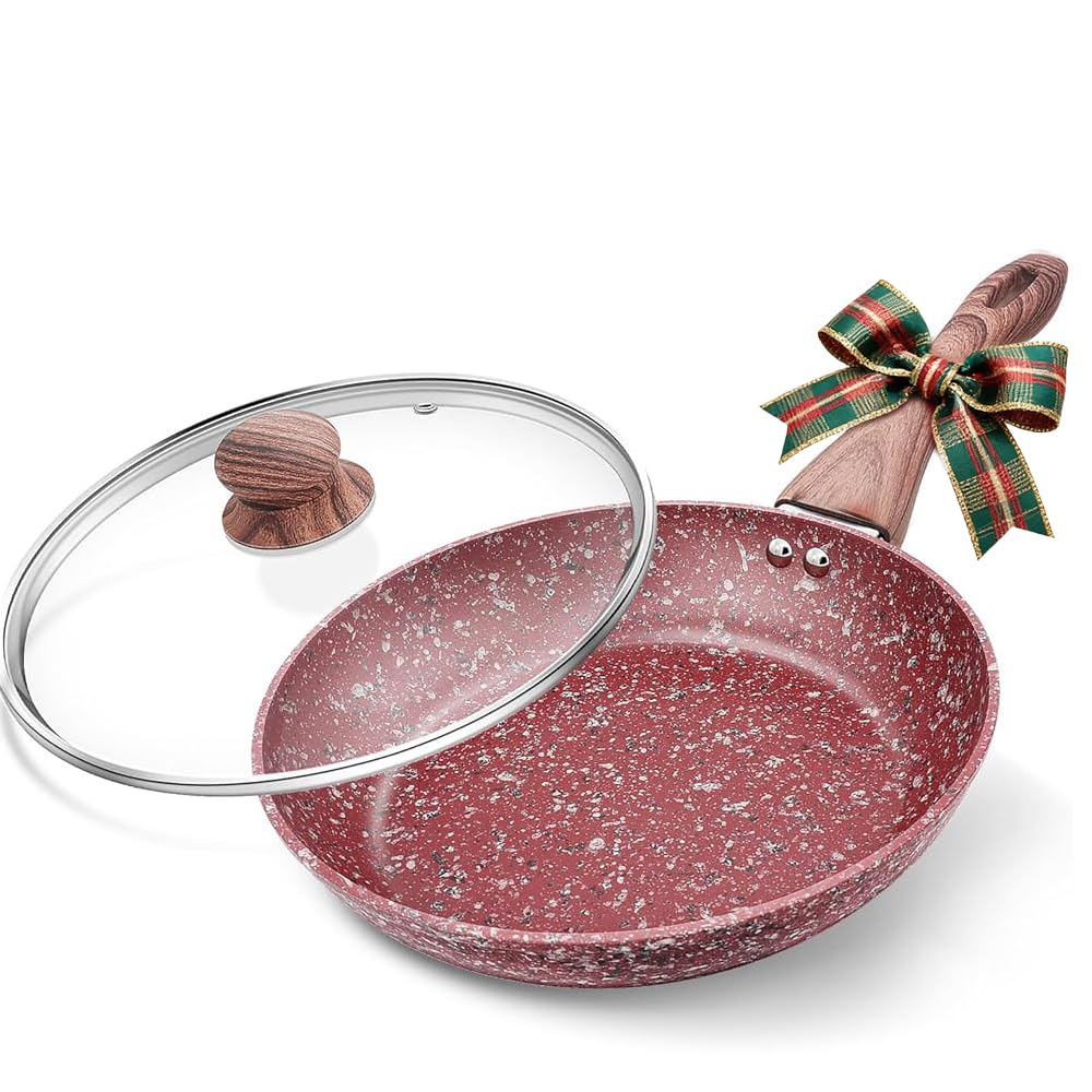 12" Red Granite Non-Stick Frying Pan with Lid, Classic Pans with Non-toxic Nonstick Coating, Aluminum Skillet with Heat-resistant Bakelite Handle, Induction Compatible Frying Pan