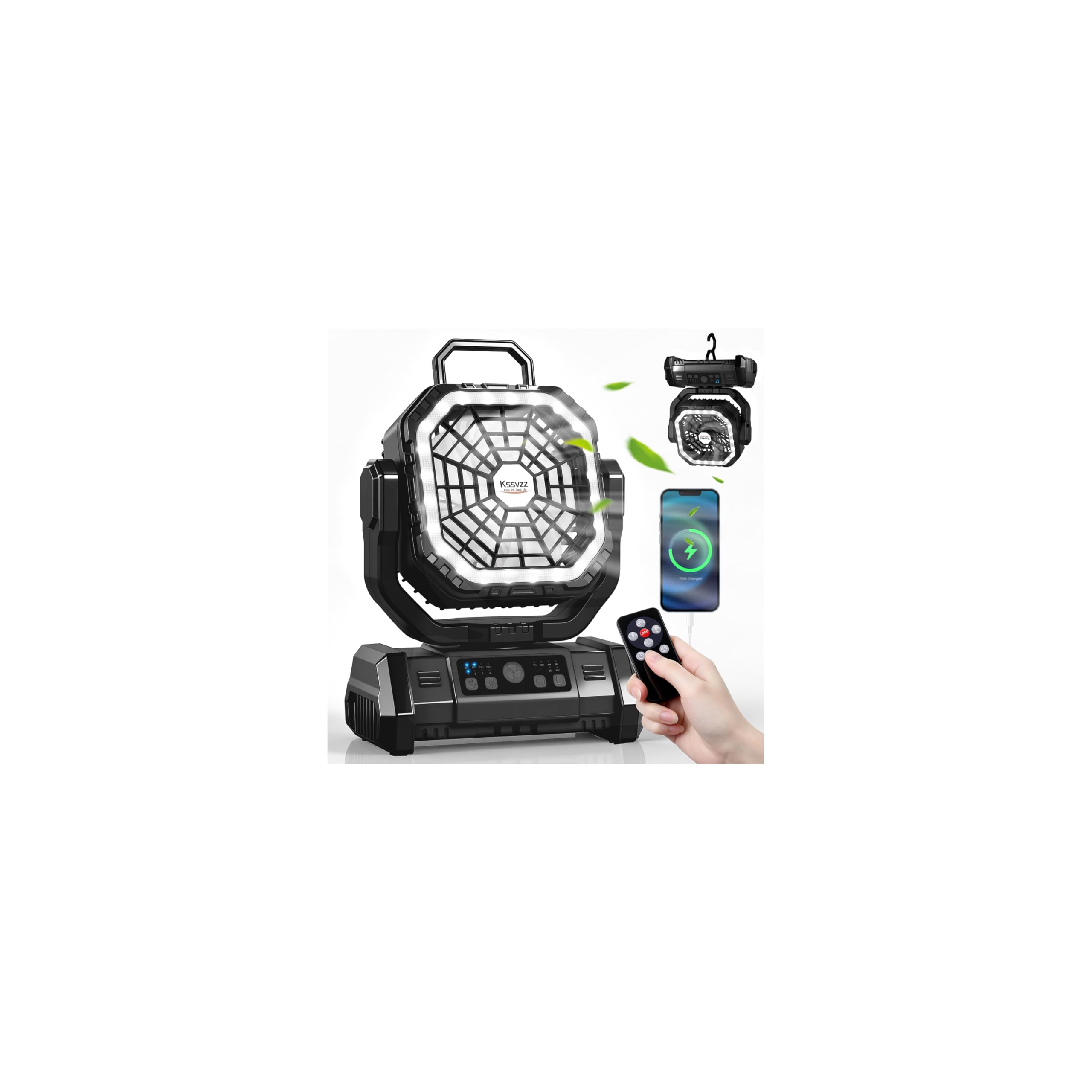 Camping Ventilator mit Akku 10000mAh, Tragbarer Ventilator Leise mit LED-Licht, 270° Rotieren Tischventilator mit Haken/USB-Aufladung, Zeltventilator für Outdoor Camping, Stromausfall, Angeln, Büro