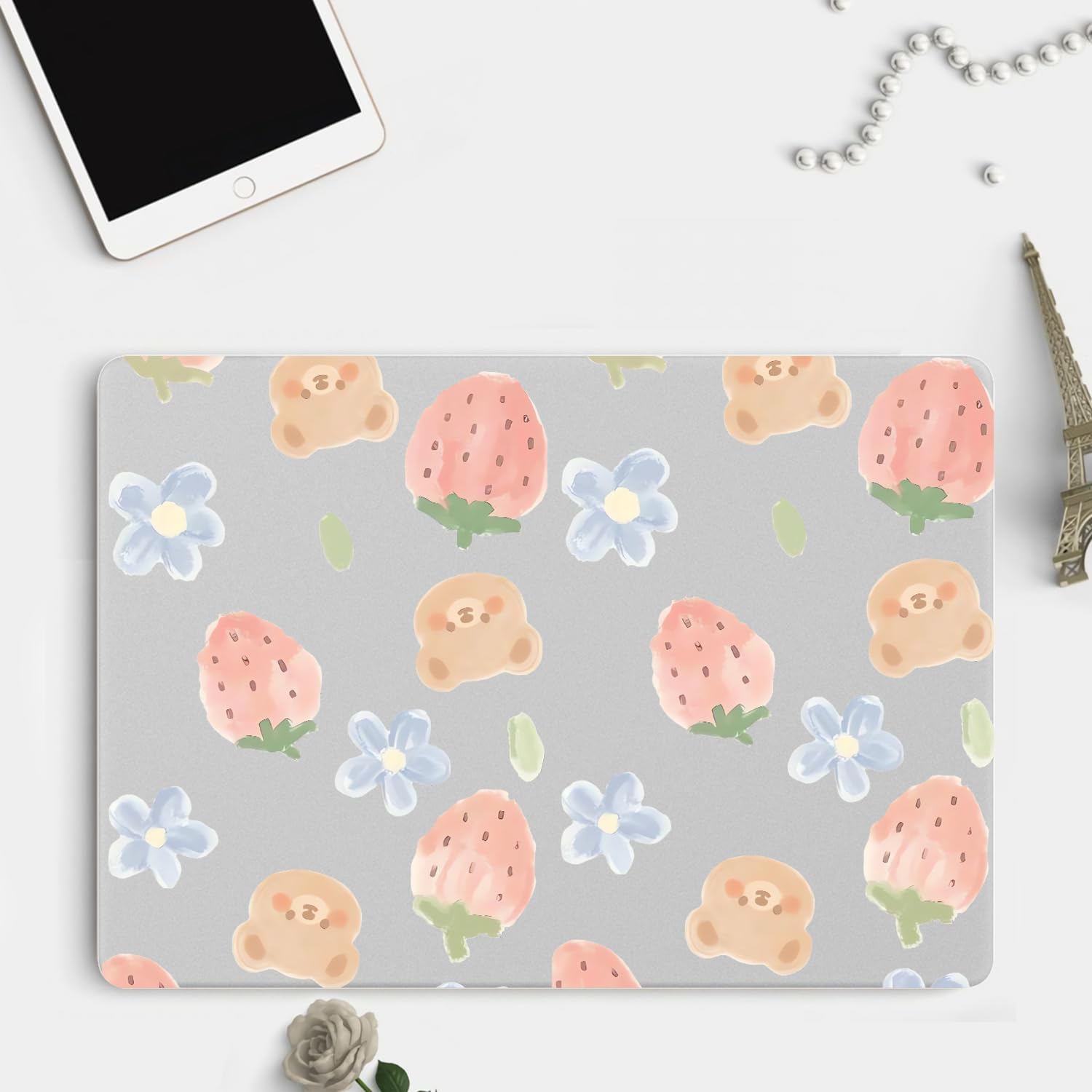 JOYLAND Clear Hard Shell Case Compatible with 13 Inch MacBook Air Case A1932/A2179/A2337, Cute Bear Strawberry Printed Frosted Matte Laptop Cover for Women Girls, 13 Inch