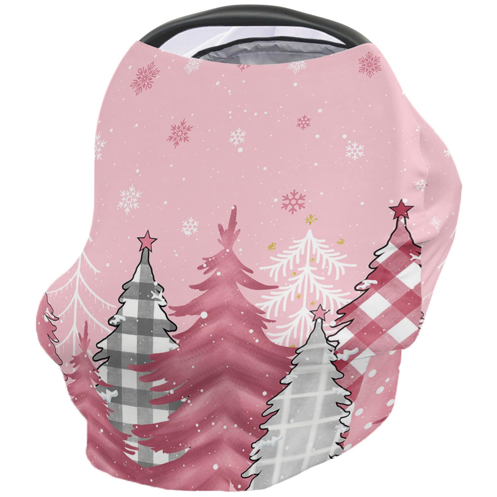 Nursing Cover for Breastfeeding Scarf, Pink Christmas Xmas Tree Snowflake Plaid Baby Car Covers Super Soft Multi Use for Canopy Shopping Cart Cover Blanket Stroller Cover