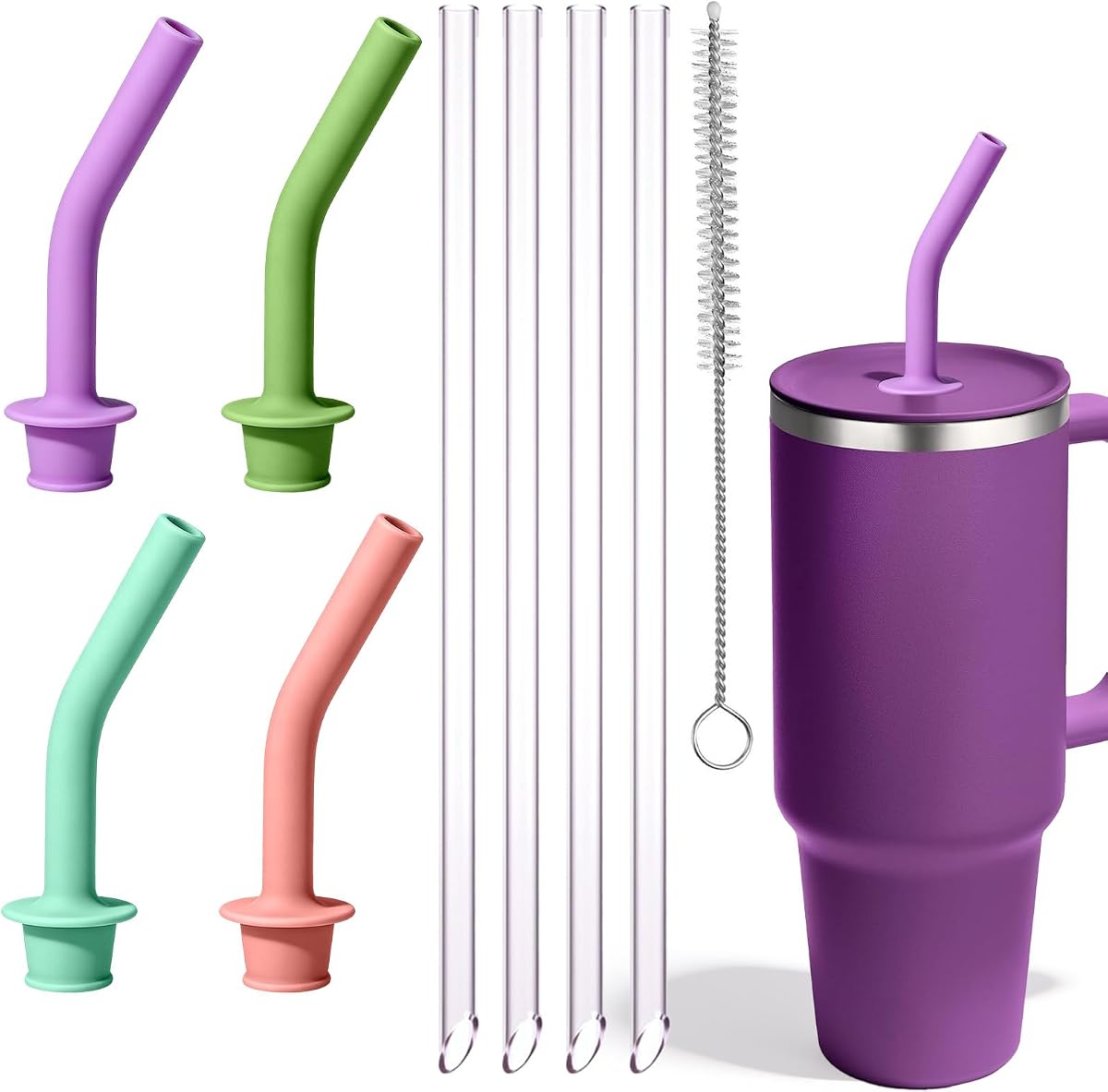 Vodolo Straw Replacement Compatible with Hydro Flask Straw Cups,4PCS Tumbler Water Bottle Reusable Silicone Straw BPA-Free with Straw Cleaning Brush for HydroFlask 20 28 32 40 oz Cups
