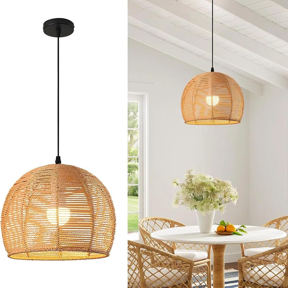 Lampa Wisząca Boho 11,81 Cala, Ręcznie Tkana Naturalna Lampa Wisząca Z Wikliny, Lampa Sufitowa W Stylu Vintage Do Sypialni, Salonu, Kuchni, Wyspa, Żyrandol Z Liną Papierową, Oprawa Rattanowa