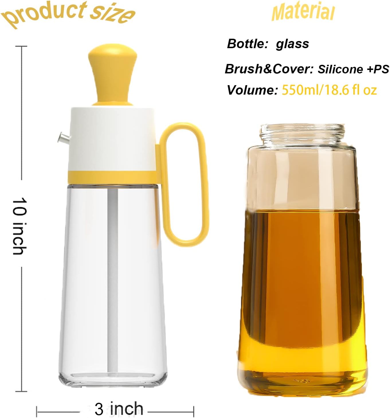 DACOSTIC Kitchen Glass Olive Oil Bottle with Silicone Brush Measuring Dropper for Cooking 3 In 1, Oil and Vinegar Dispenser Bottle Container Cruet for Pancake Turkey BBQ Grill Frying Baking (Yellow)