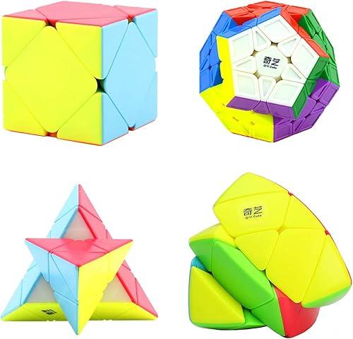 Speed Cube Set Ahyuan Professional 4 Pack Qiyi Magic Cube Bundle 3x3 Cubo Pirámide Mega Megaminx Skew Ivy Cubos sin calcomanías, colección rápida y