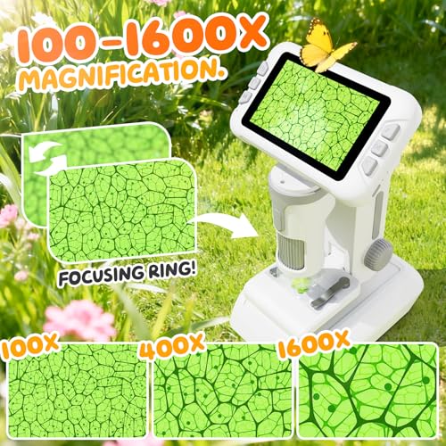 Dětský mikroskop HEWEIMEI 1600X, 4K 4,0' IPS dětský mikroskop se záznamem fotografií a videa, sada vědeckých experimentů Chlapci Dívky 3-14 let (šedá)