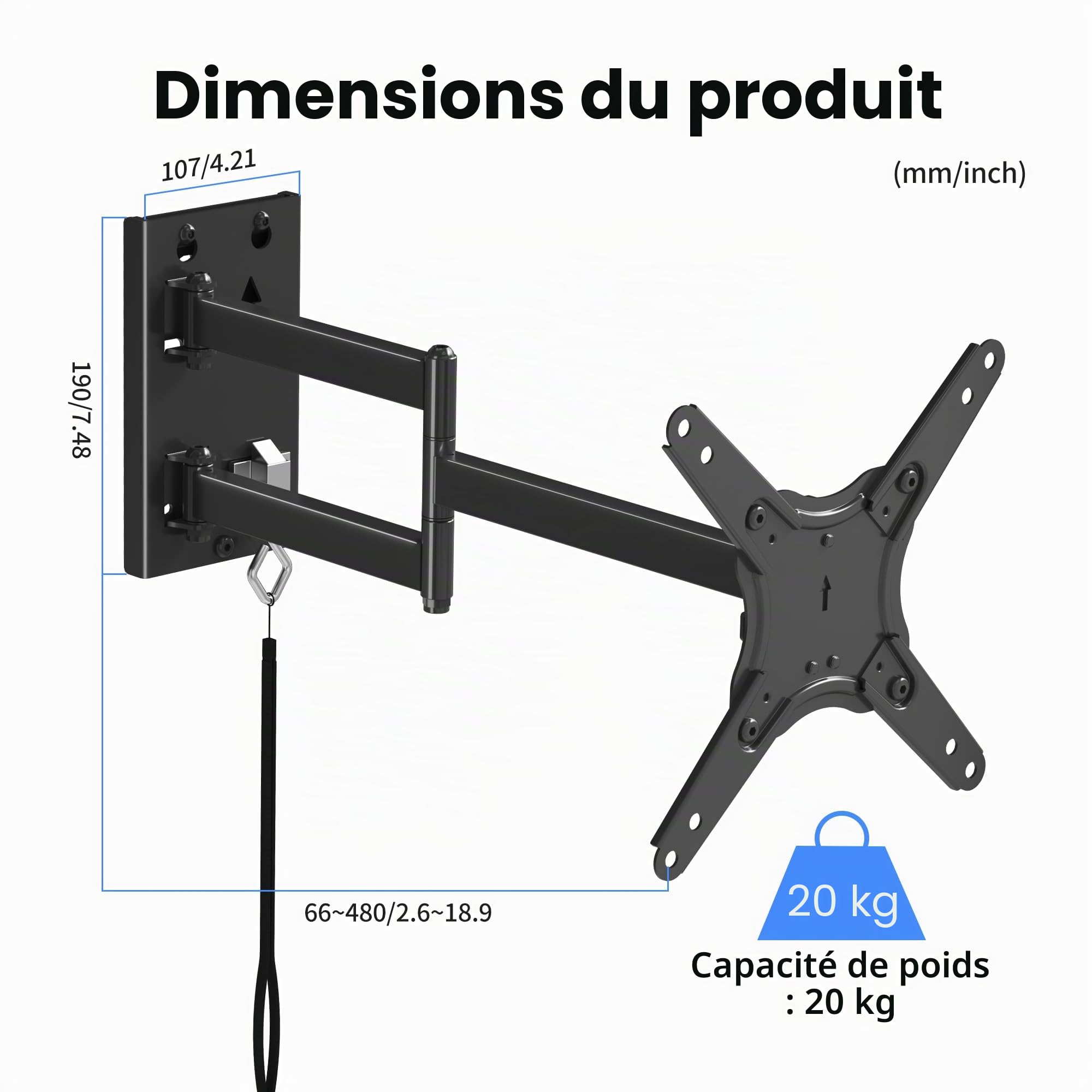 suptek Support TV pour Camping-Car de 13 à 43 Pouces, Support Mural verrouillable à Mouvement Complet VESA 200×200mm, supporte 20 kg Adapté Van Aménagé/Remorque/Bateau/Camion, MA1342