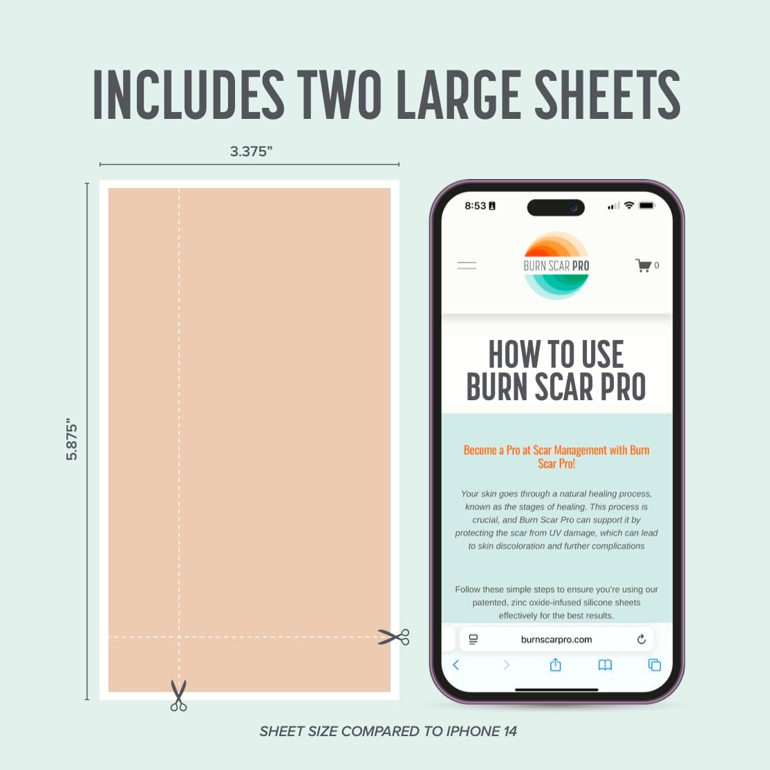 Burn Scar Pro™ Silicone Scar Sheets with Sunscreen – Fade Burn Scars, Keloids, and Scars from Surgery – Reusable Patches for Skin Burns, Facial Scars, and Healed Wounds – 6” x 3.5” (2 Sheets)
