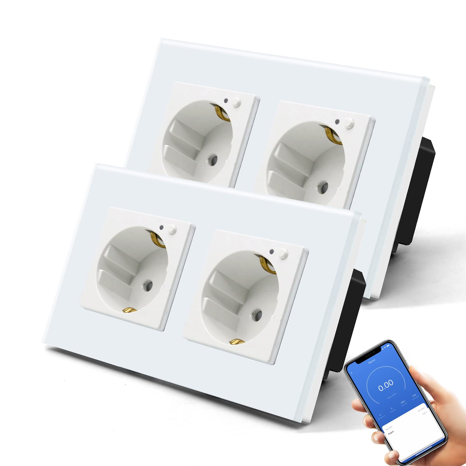 BSEED Enchufe Inteligente Con Cristal,WIFI Enchufes de pared Con Medidor de Energía,Control Remoto y Temporizador,Requiere Cable Neutro,2 Enchufe WiFi con Medición-2 pack,157mm Blanco