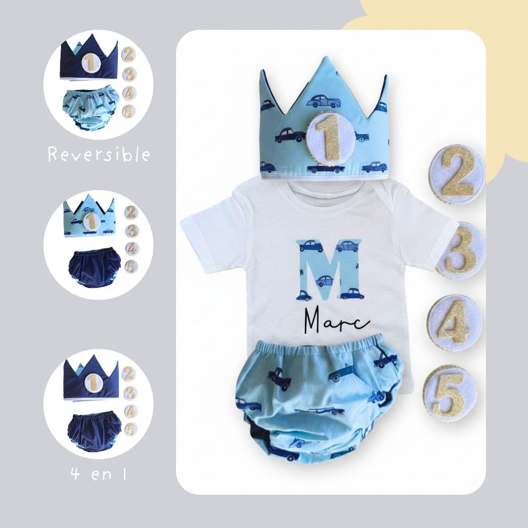 Conjunto Cumpleaños 1 año Personalizado - Camiseta con nombre Bebé - Regalo primer cumpleaños - Smash Cake - Corona cumpleaños (Coches)