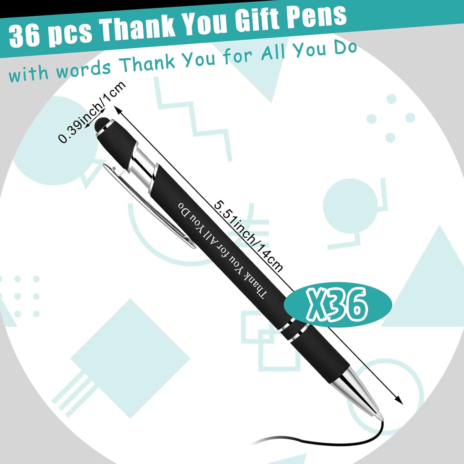 Seajan 36 Pcs Employee Appreciation Gift Pens - Black Ballpoint Pens with Touch Screen Stylus - Thank You Quotes - Metal Body - Fine Point - Unisex - Both Hand Orientation