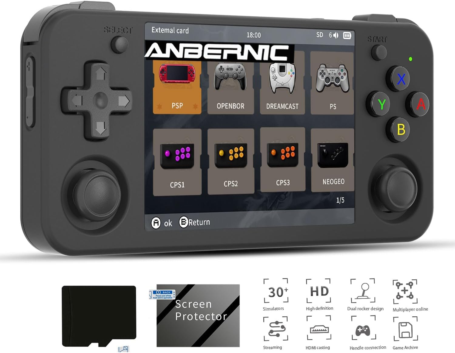 New World Anberni-c RG35XX H Retro Handheld Game Console 3.5 in IPS Screen Built-in 3300mAH Battery 64G TF Card , Classic Games Console (Black)