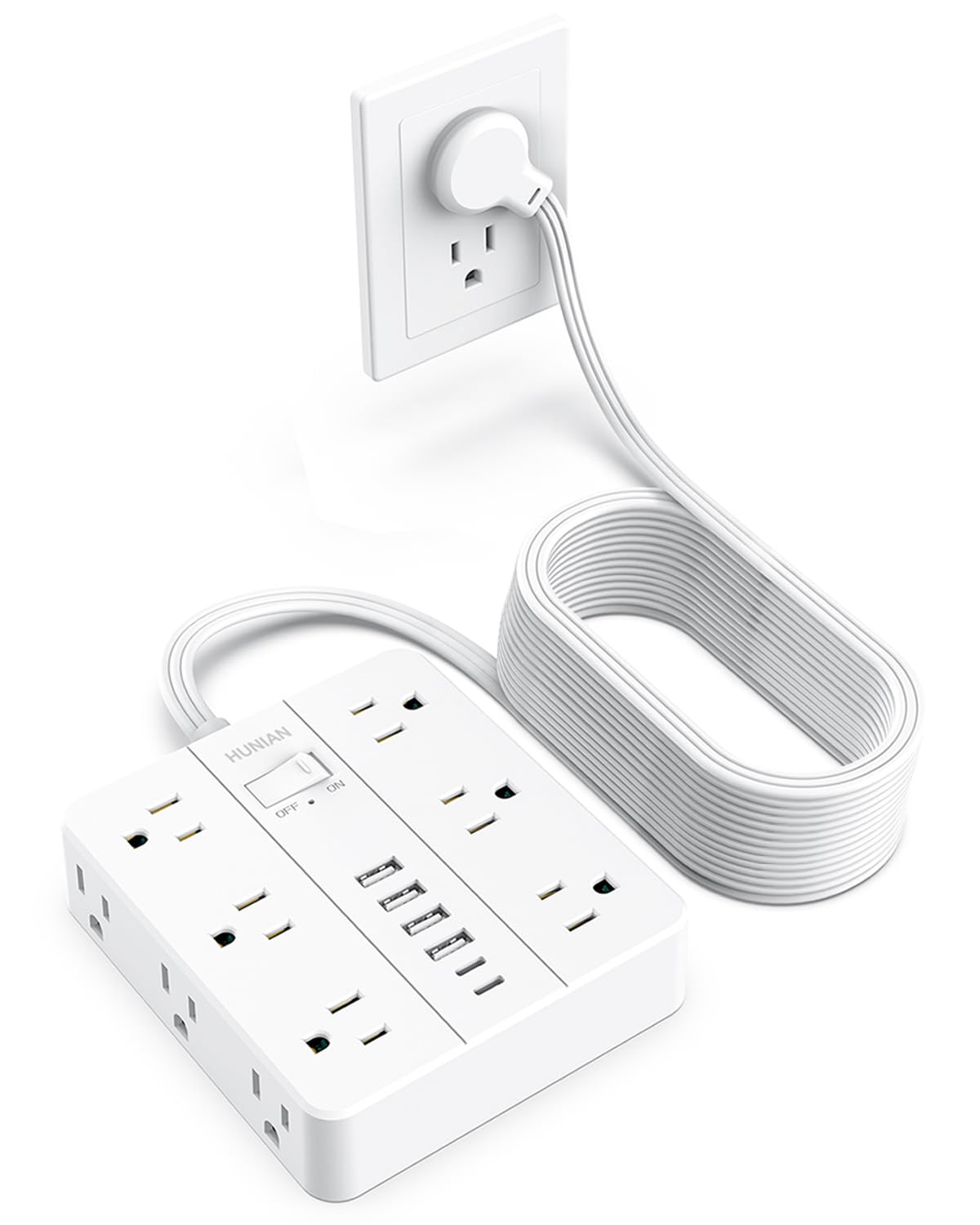 Extension Cord Power Strip, HUNIAN 25Ft Flat Plug Extension Cord