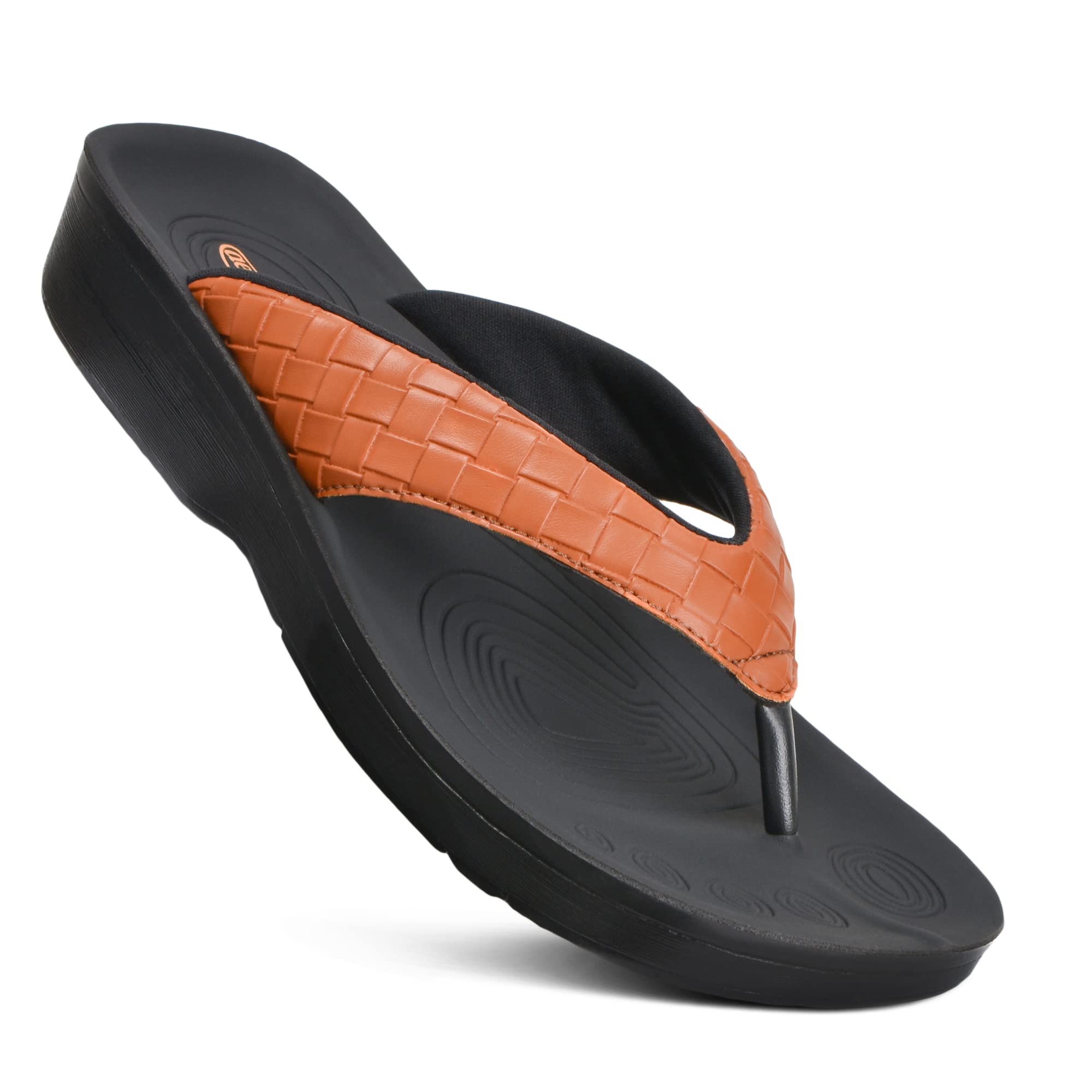 AEROTHOTIC Comfy Flip Flops for Women with Arch Support Orthotic Footbed Stylish Faux Leather Padded Straps with Soft Toe Post & Non-Slip Sole Slip On Casual Indoor and Outdoor Ladies Sandals