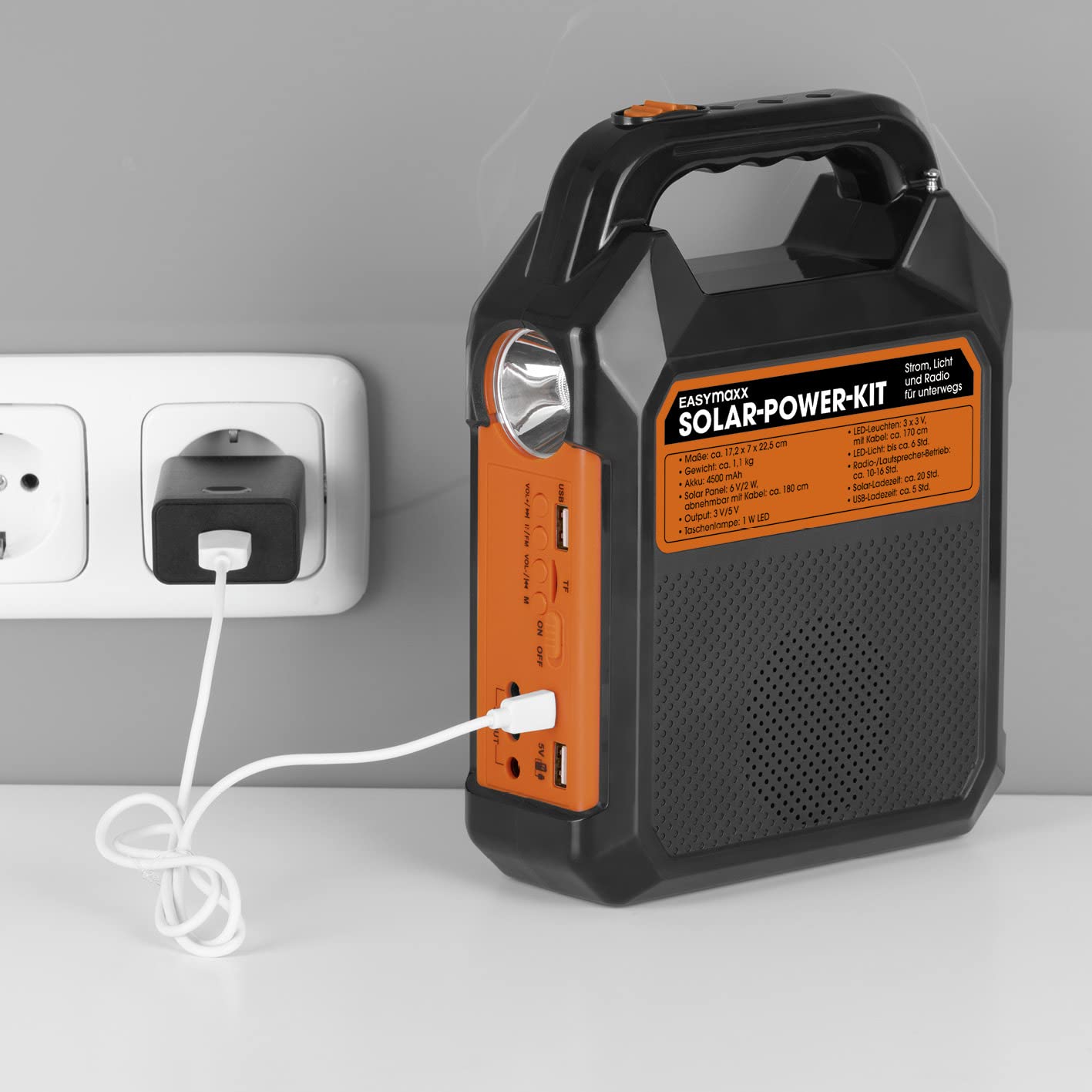 EASYmaxx Kit Generador Solar 4.000mAh | 2 Modos de Carga: Panel Solar/USB | para Cargar teléfonos móviles, Power Banks, etc. | Radio FM integrada y Altavoz incluidos