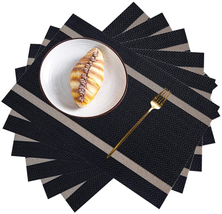 Image of YELONA Placemats Set of 4, Heat-Resistant Woven Vinyl Table Mats, Non-Slip & Washable Dining Tablemats for Kitchen & Dinner Decor, Black & Beige (45cm x 30cm)
