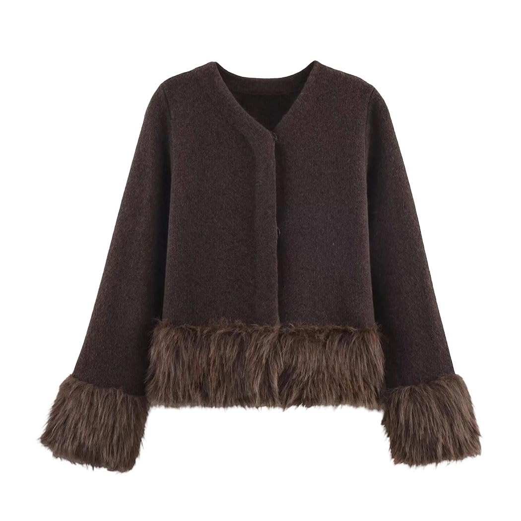 Womens Knit Fur-Trim Cardigan - Single Breasted Loose Fit for Autumn