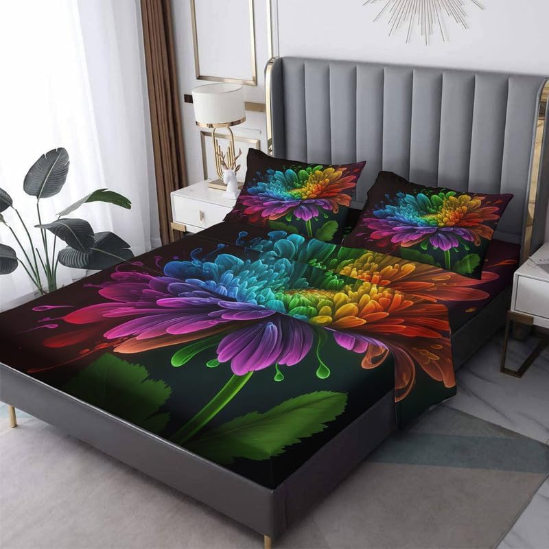 Juego de sábanas coloridas tamaño King, juego de sábanas geométricas con bolsillo profundo de 12 pulgadas y fundas de almohada, sábanas de