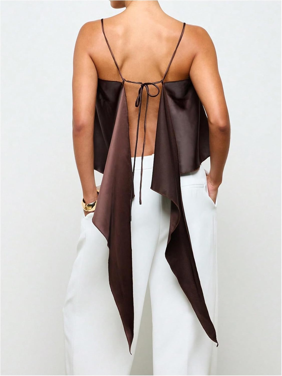 MakeMeChic Women's Satin Silk Camisole Spaghetti Strap Tie Backless Tank Tops - Image 3