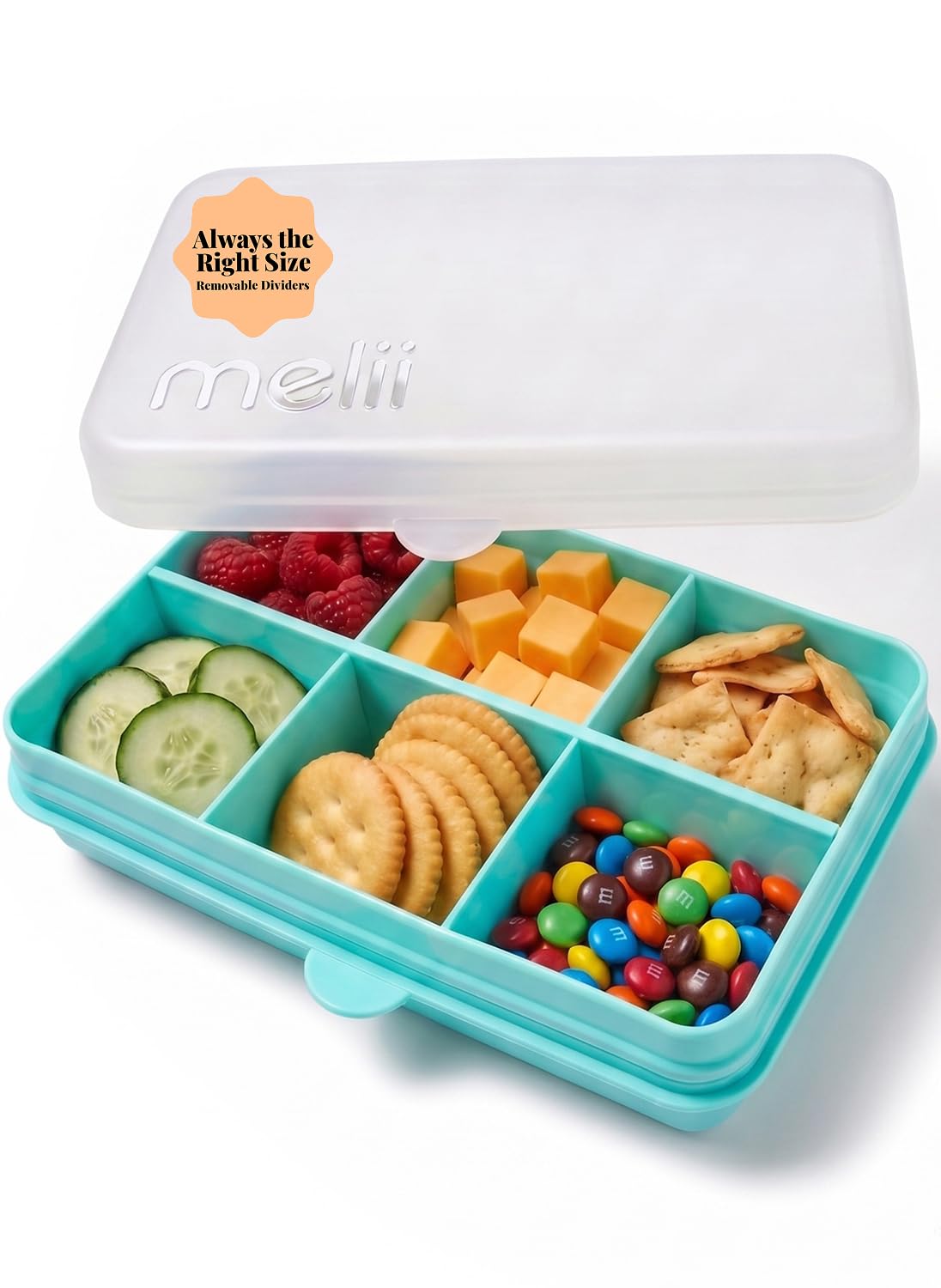 melii Mini Snackbox - 6 Fächer, unterteilter Snackbehälter, Lebensmittelaufbewahrung für Kinder und Erwachsene, herausnehmbare Trennwände, Kunst & Handwerk, Perlen, BPA-frei, Blau