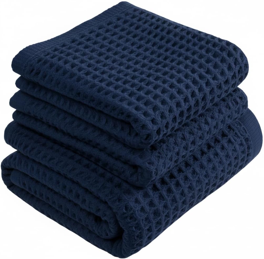 DEMMEX Organic Cotton Waffle Weave Turkish Towel Set for Bathroom, 1 Bath & 2 Large Hand Towels, 100% Oeko-TEX Certified Premium Turkish Cotton, Super Soft Lightweight Quick Dry (Navy Blue)