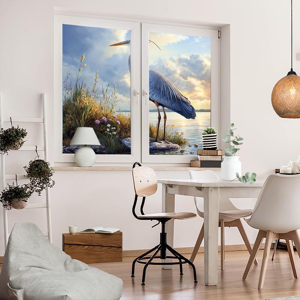 Rustic Heron Window Film Privacy Sunset Lake Beautiful Animals Birds Decorative Stained Glass Decal for Home, Adhesive Window Sticker 35.4Wx63L inch x 2pcs
