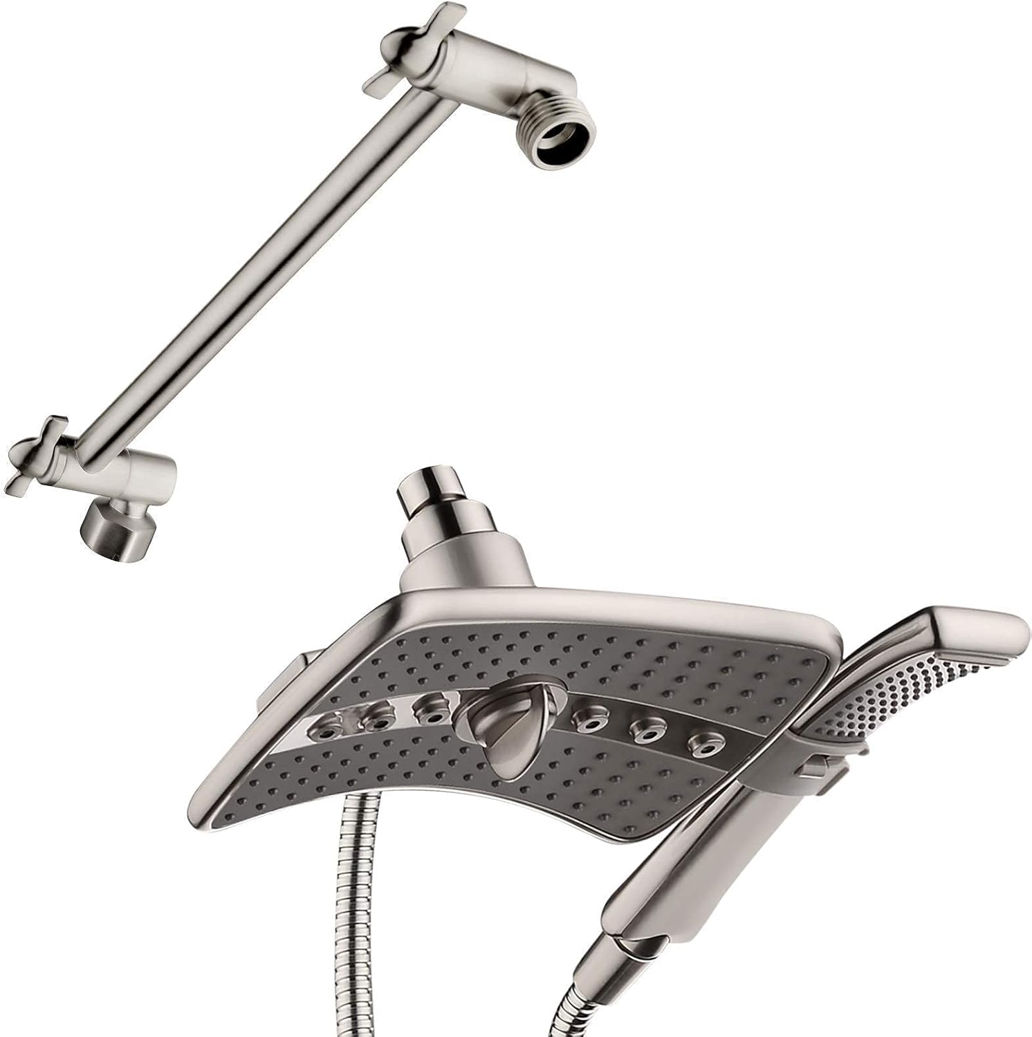 BRIGHT SHOWERS Brushed nickel Shower heads combo with two spray setting fixed shower head and two spray settings handheld shower head with 10 in adjustable shower arm extension