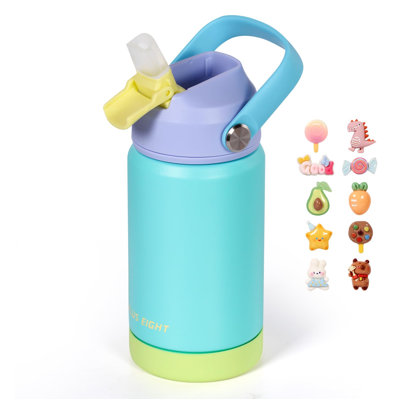 pluseight Kids Insulated Water Bottle with Straw Lid, 350ml BPA-Free Double Wall Vacuum Tumbler 18/8 Stainless Steel Leak Proof Kids Cups with Straw for School Travel Boys Girls (Green-Blue)