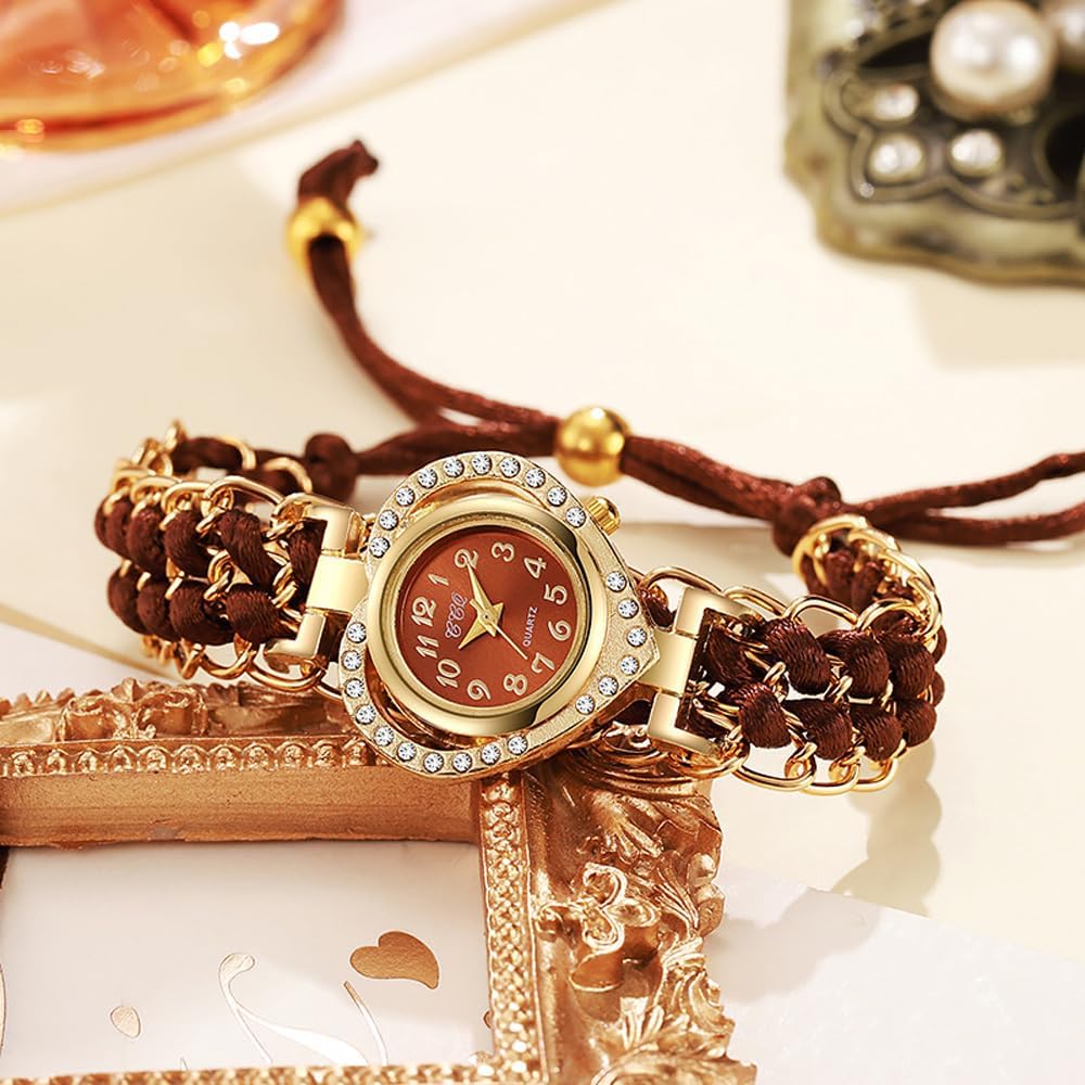 Weicam 5Pcs Wholesale Watches Women Casual Heart-Shaped Dial with Crystal Braided Band Bangle Bracelet Adjustable Analog Quartz Wristwatch