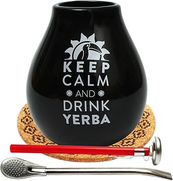 Mate Tea Mug Black 350 ml | Ceramic Mate Tea Cup Luka | Bombilla Steel Straw Liza 19 cm | Analogue Tea Thermometer in a 15 cm Long "Pen" Case | Cork Pad