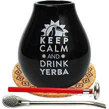 Mate Tea Mug Black 350 ml | Ceramic Mate Tea Cup Luka | Bombilla Steel Straw Liza 19 cm | Analogue Tea Thermometer in a 15 cm Long "Pen" Case | Cork Pad