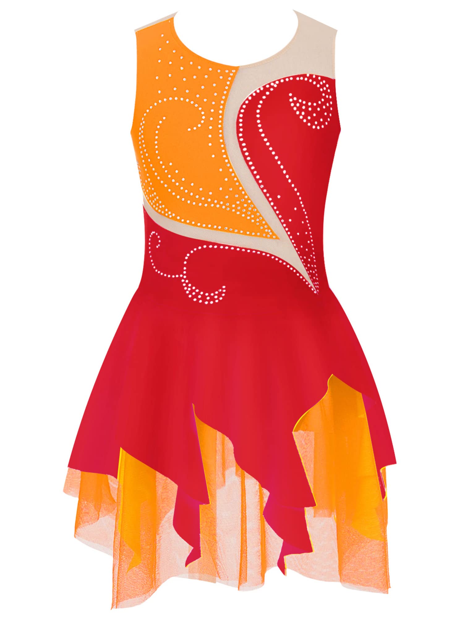 IEFIEL Vestido de Patinaje Artístico para Niña Maillot Ballet con Falda Malla de Gimnasia Rítmica sin Mangas con Lentejuelas Brillantes Vestido de Danza Lírica — view 30