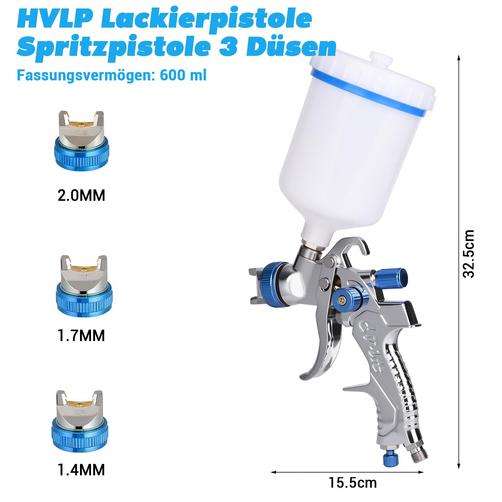 HVLP - Pistola a spruzzo con 3 ugelli, 1,4/1,7/2,0 mm, tazza da 600 ml, acciaio inox e rame, aria compressa