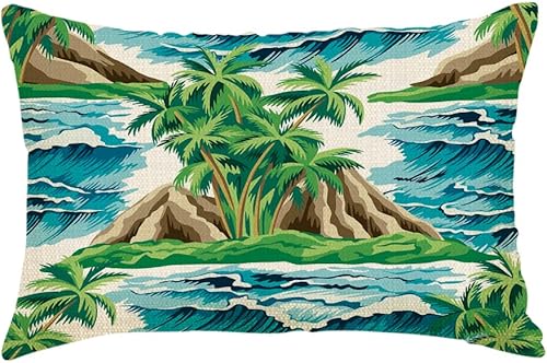 IBILIU Fundas de almohada decorativas hawaianas vintage, isla, palmera, olas del mar, verano, floral, algodón, lino, fundas de almohada lumbares