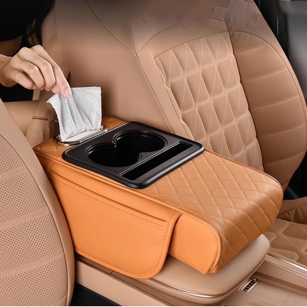 Coussin d'Accoudoir de Voiture pour VW T-Roc (A11 2017-2025 2026), Coussinet de Console Centrale avec Porte-Gobelet et Boîte à Mouchoirs, Housse d'Accoudoir avec Poche Latérale