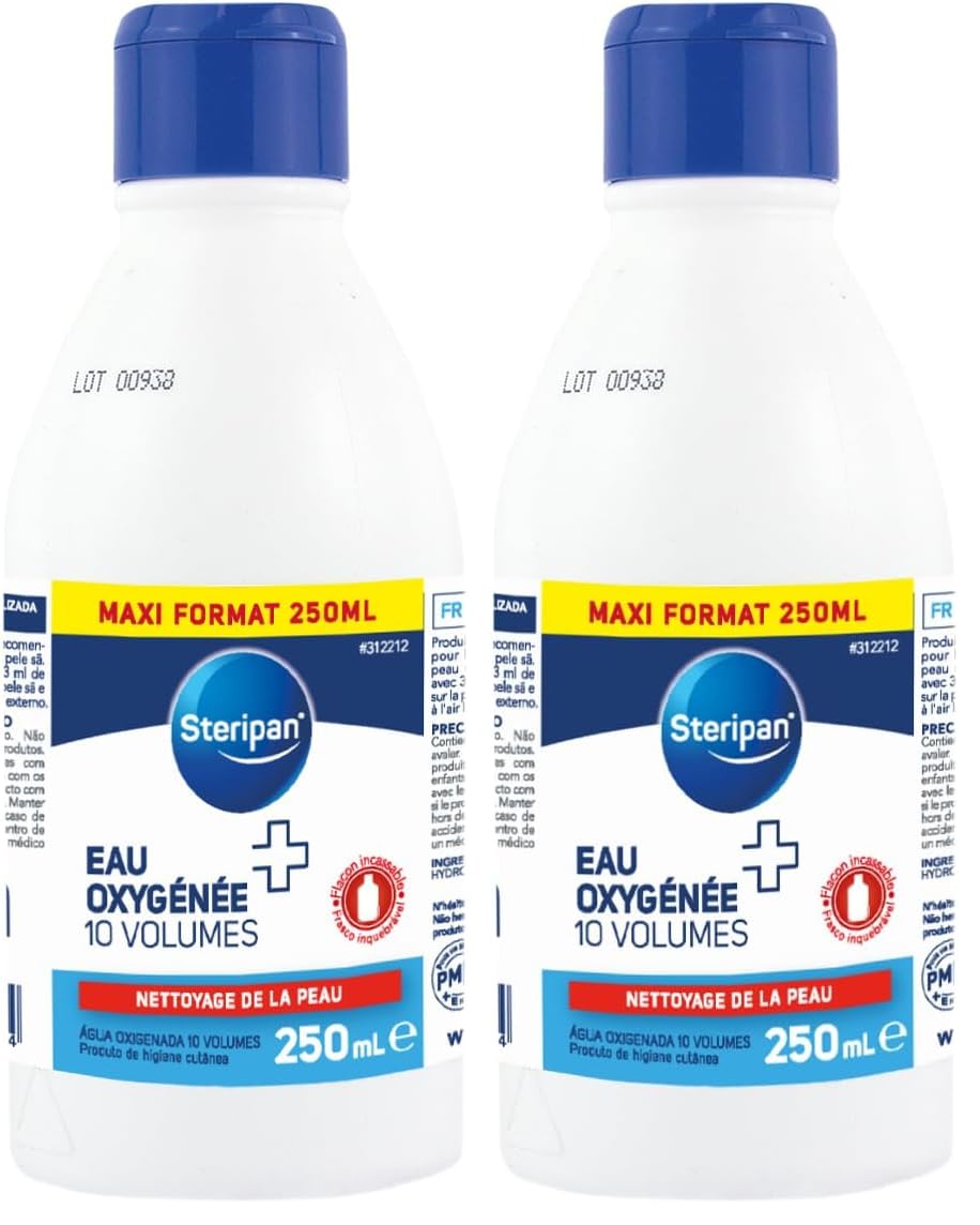 Steripan - Eau Oxygénée 10 Volumes - Nettoyage de la Peau - Flacon Incassable - Maxi Format 250ml (Lot de 2)