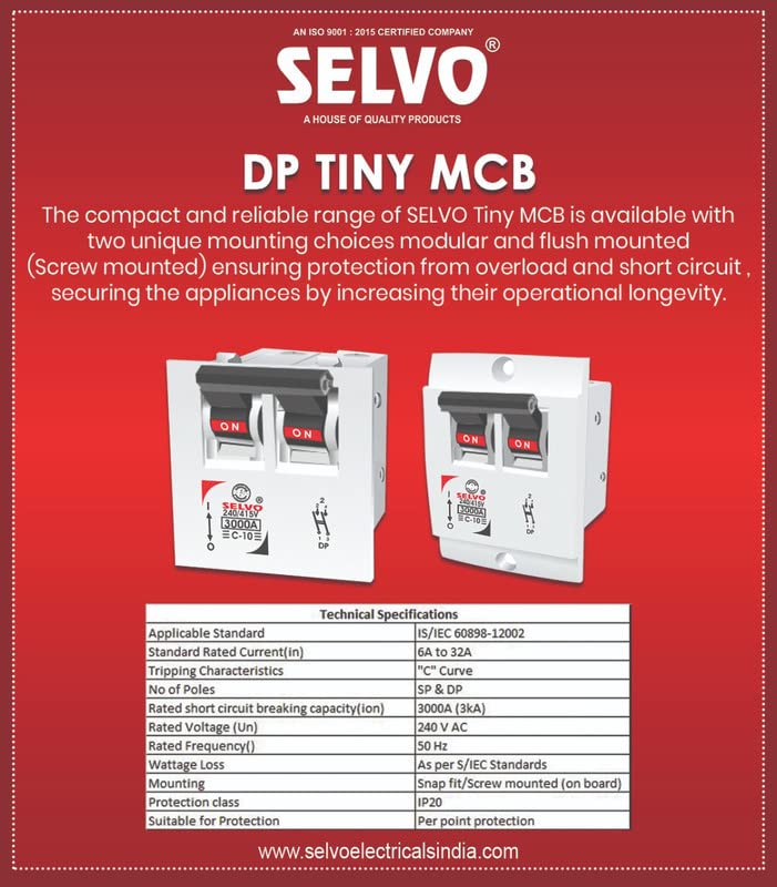 Image of SELVO C-10A Double Pole Flush Mounted (Screw Mounted) Mini MCB (PACK OF 2)