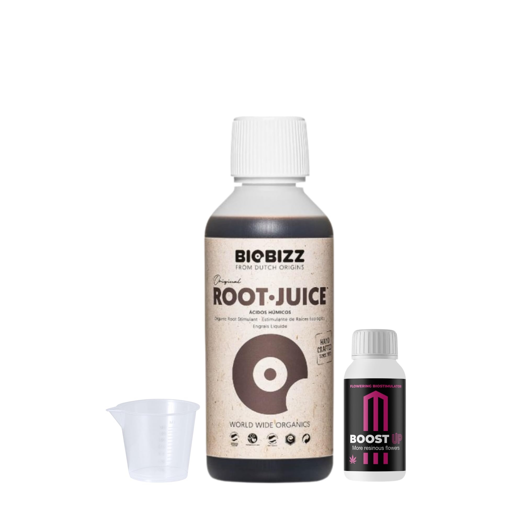 GROWMANIA Root Juice de BioBizz 500 ml + échantillon Boost Up Nutrients + Verre doseur | Biostimulateur de racines pour jardins urbains | Stimule la croissance et la santé radiculaire