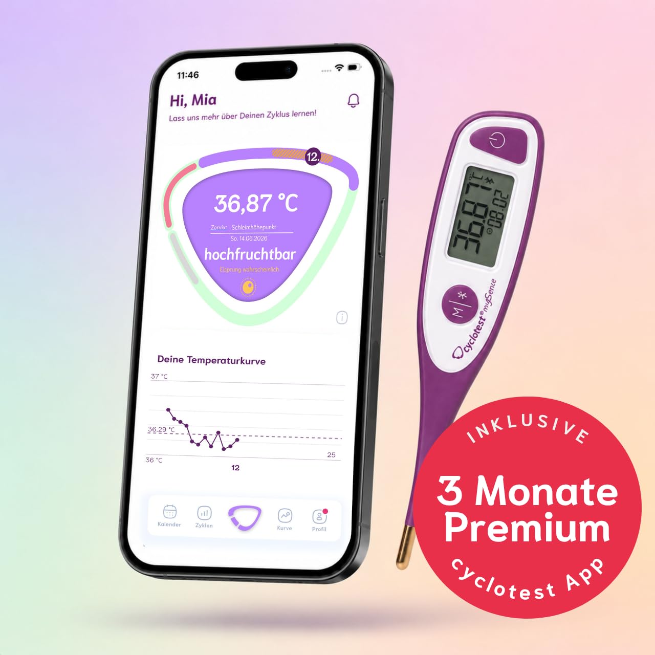 cyclotest Termómetro basal MySense Flex con Bluetooth y aplicación de ciclo, termómetro basal digital para NFP, seguimiento del ciclo y deseos de niños, incluye aplicación premium de 3 meses