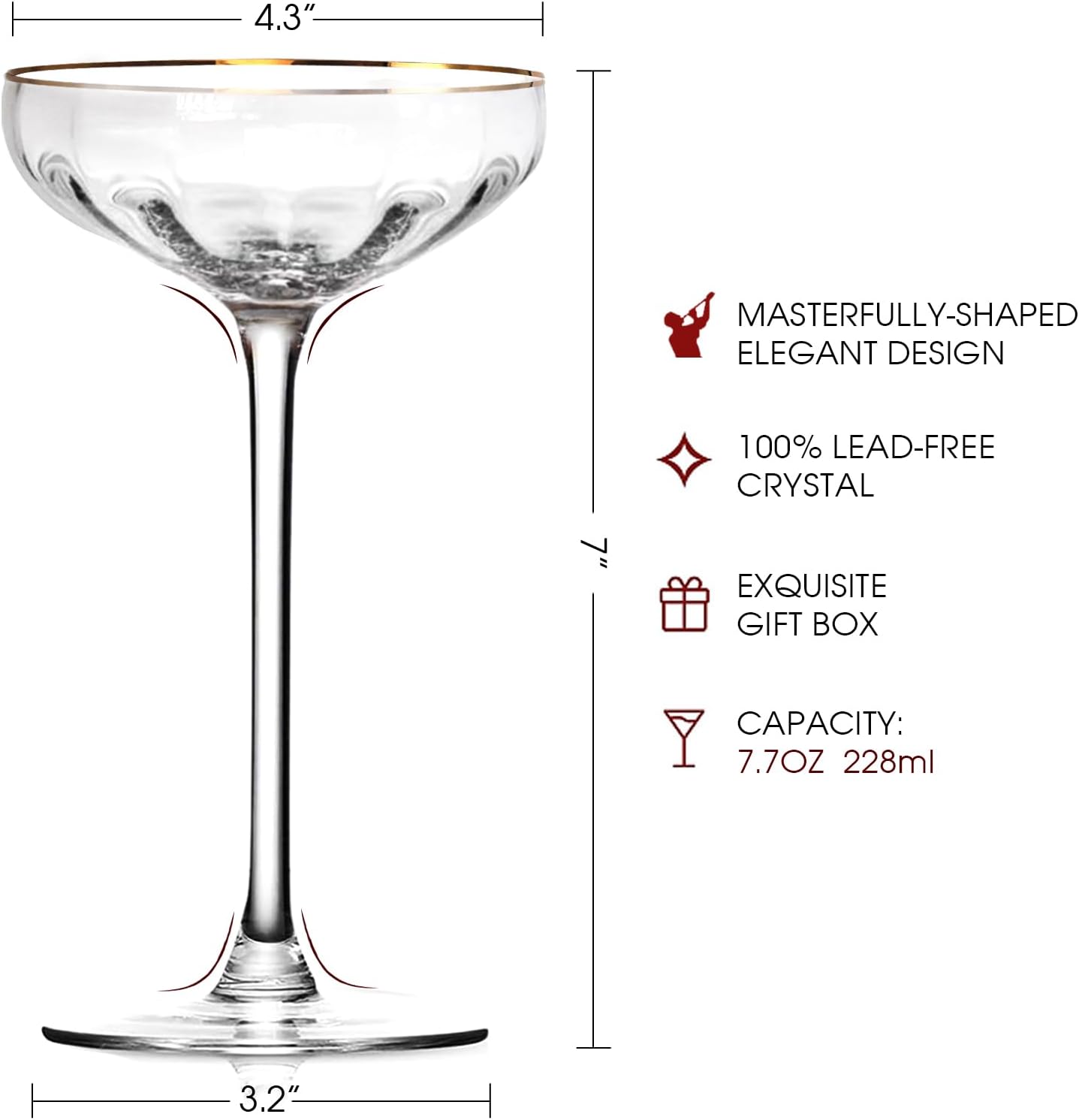 Vintage Coupe Glasses Set of 4, Tall Stemmed Martini Glasses, Gold Rim Cocktail Champagne Glasses, Perfect for Bar, Martinis, Margaritas, Parties, Ideal Gift Choice, 7.7oz Clear