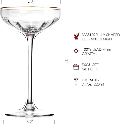 Miniatura 2 de Juego de 4 copas vintage Coupé, copas de Martini con tallo alto, copas de champán de cóctel con borde dorado, perfectas para bar, martinis,