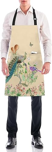 Miniatura 5 de Delantal de pavo real y flores botánicas  Delantal impermeable ajustable floral para hombres y mujeres con bolsillos para cocina, cocina, hornear,