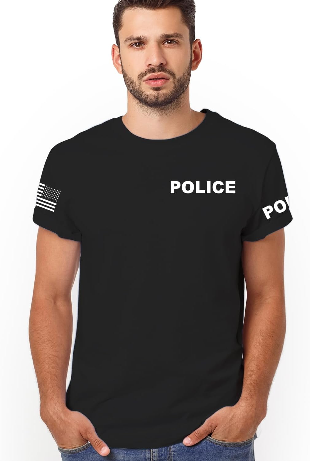 Veracco 2-Sided Police T-Shirt – Cop Guard T-Shirts Event Staff Shirt Two-Sided American USA Flag On Arm Men Tees