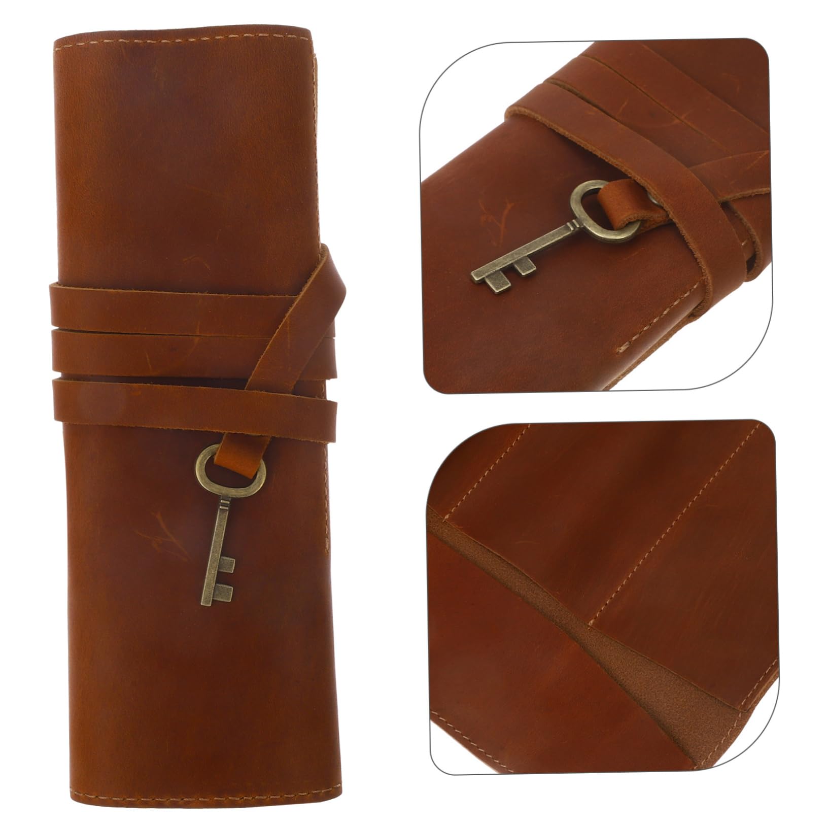SHOWERORO Rollo De 2 Uds De Estuche para Bolígrafos De Cuero De Caballo Estuche para Lápices De Piel De Vaca Marrón Pequeño para Lápices