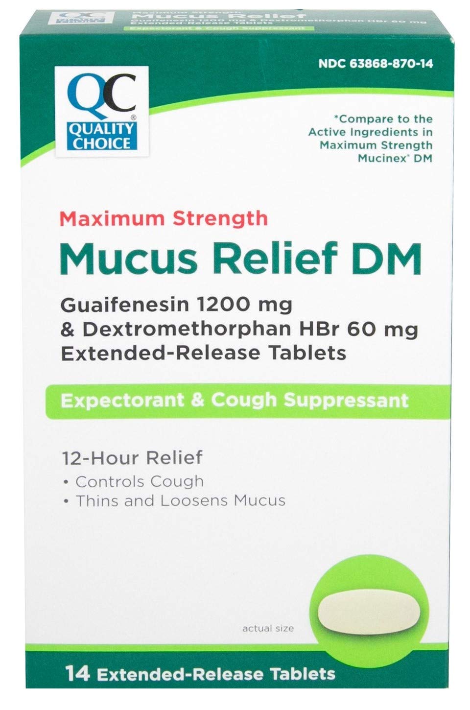 Maximum Strength Mucus Relief DM, Cough Suppressant and Expectorant, 12 Hour Relief, Guaifenesin 1200 mg and Dextromethorphan HBr 60 mg Extended Release Tablets, 14 Count