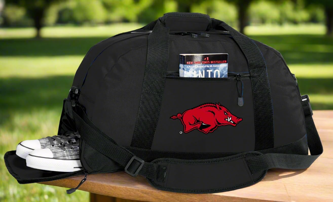 University of Arkansas Duffle Bag or Suitcase - Arkansas Razorbacks Gym Bag w/SHOE POCKETS (Black)