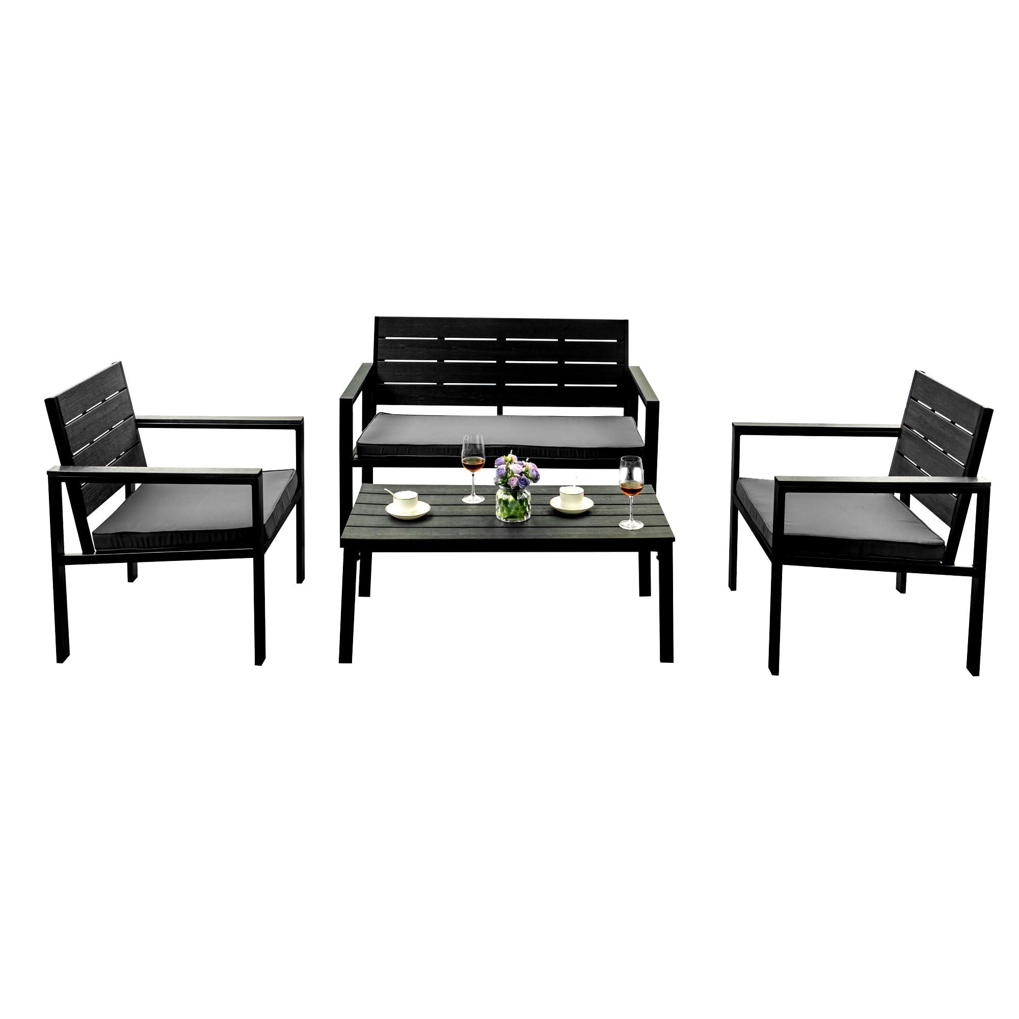 Totò Piccinni Set HAITI Salottino Completo di Divano 2 Poltrone e Tavolino Struttura in Metallo e piano in Polietilene con Cuscini (Nero)
