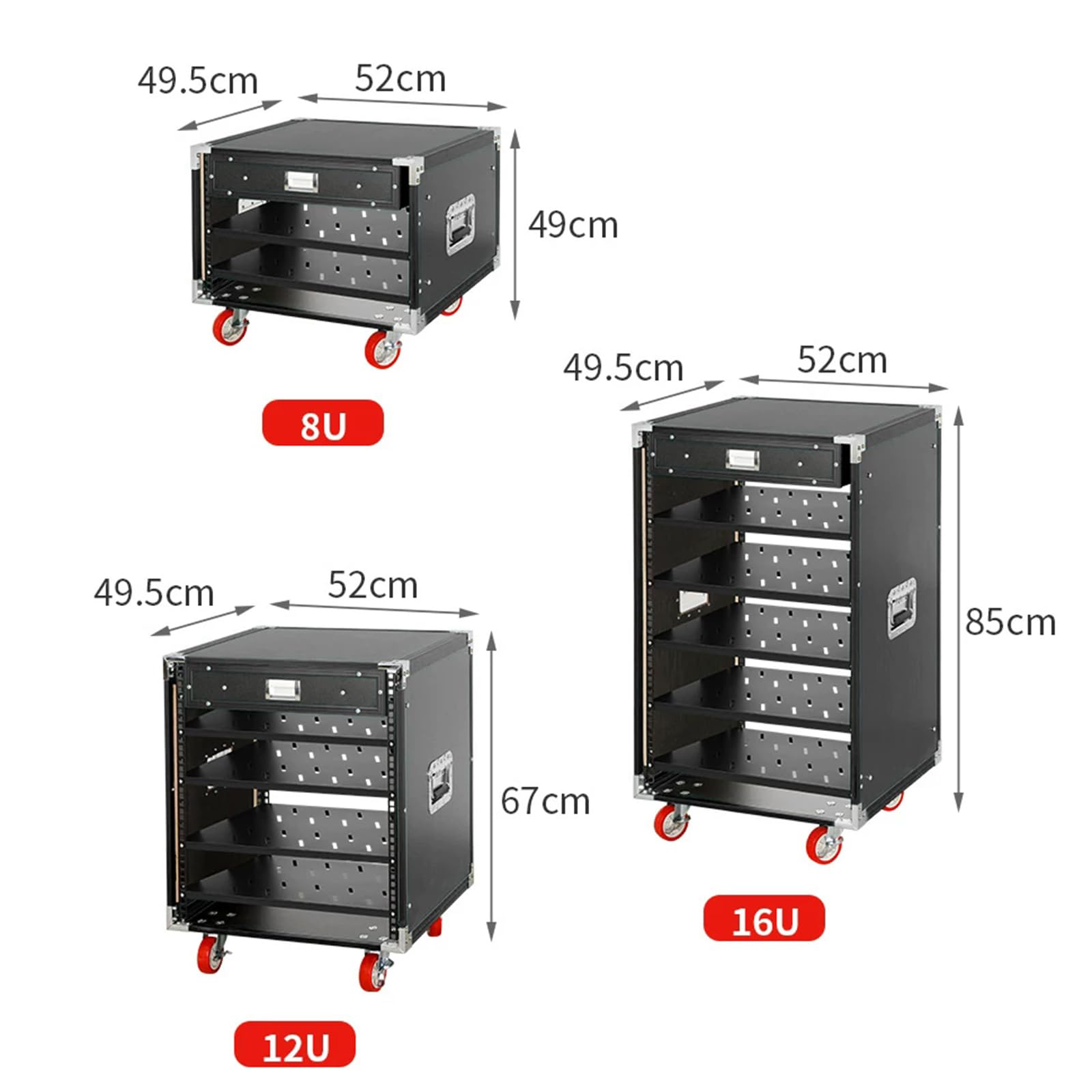 Stereo Cabinet Audio Video Rack con Ruote, Porta Trasparente bloccabile, scaffali Regolabili, cassetto, Angoli in Metallo Resistenti per Home Theater Ufficio Sala da Registrazione Nero 8U 12U 16U