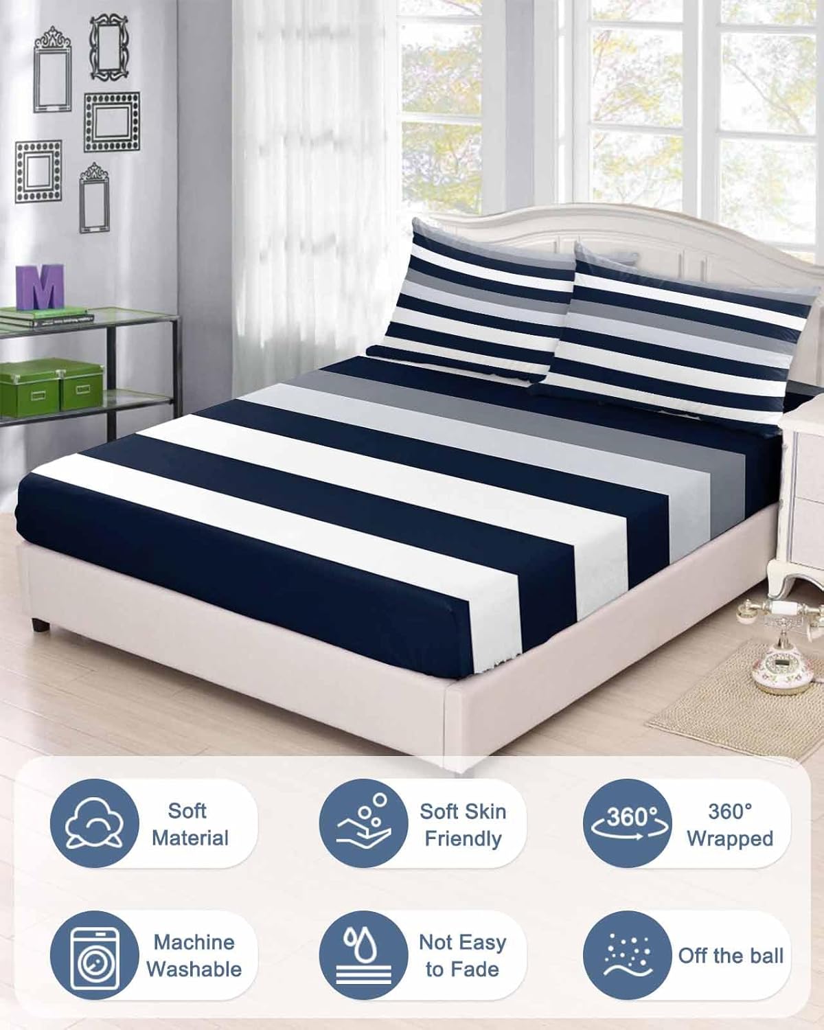Bedding Queen Size Fitted Sheets Fit 5"-16" Deep Pocket Mattress,Minimalist Art Horizontal Stripe Soft Bottom Sheet Modern Blue Gray White Line Fitted Sheet Bed Set with Pillow Case